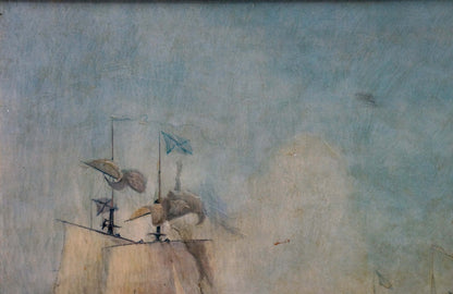 Weathered oil painting of ships mast with blue and brown flags in naval battles