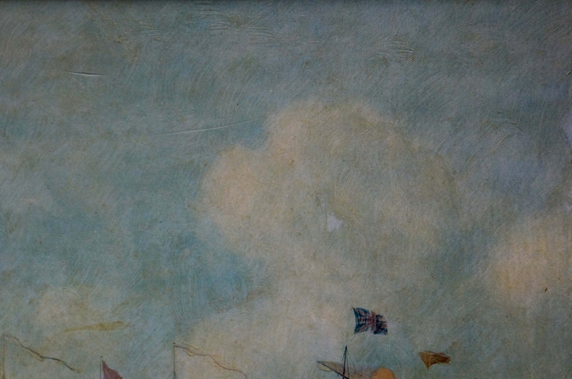 British flag fluttering atop ships mast in oil painting Naval battles cloudy sky