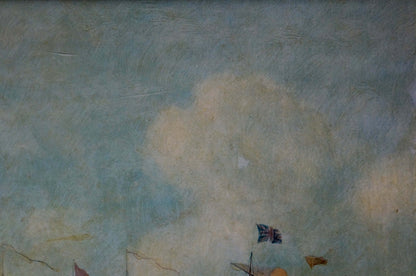 British flag fluttering atop ships mast in oil painting Naval battles cloudy sky