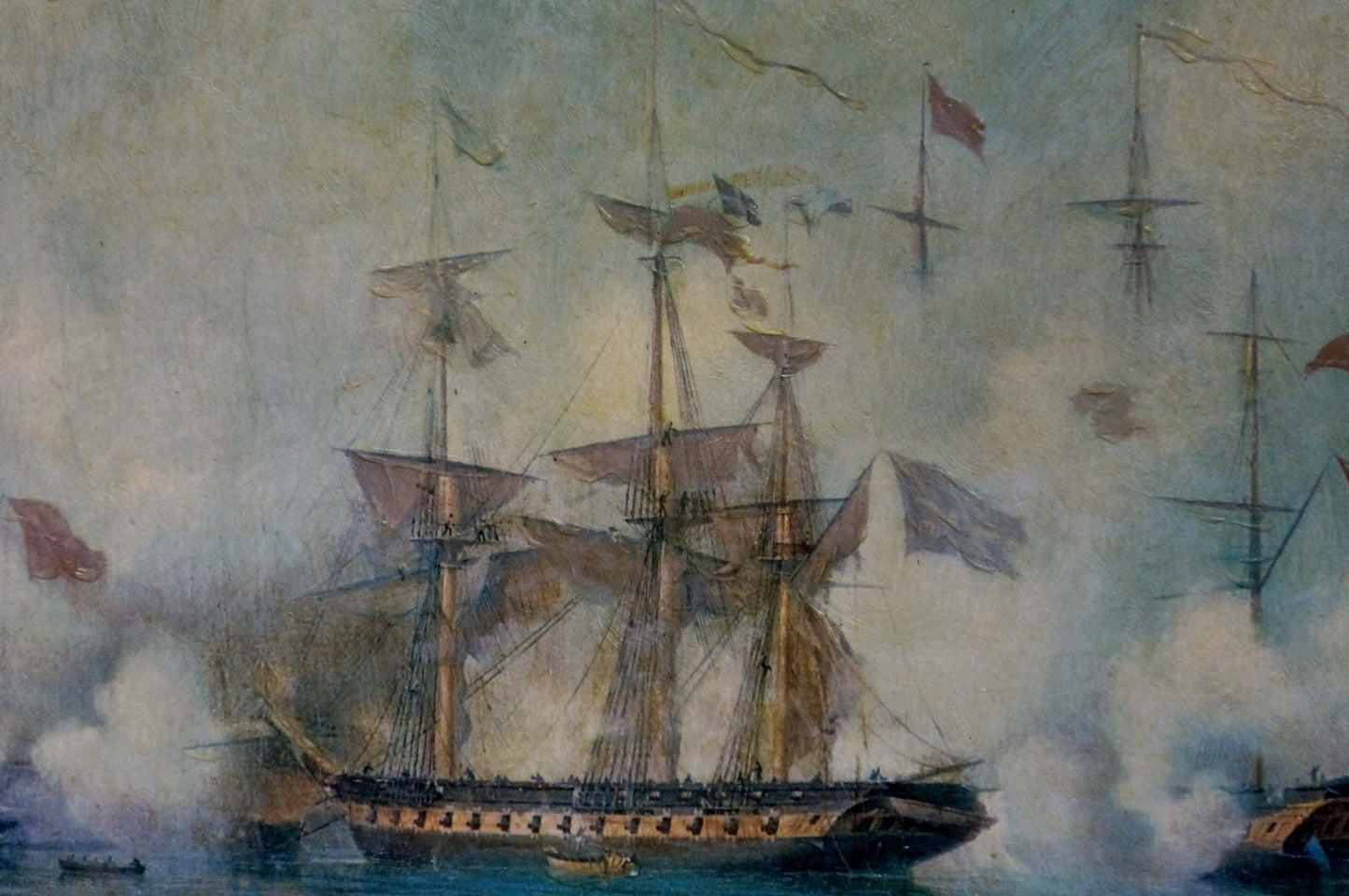 Oil painting of historic three-masted warship in naval battle