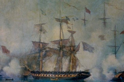 Oil painting of historic three-masted warship in naval battle