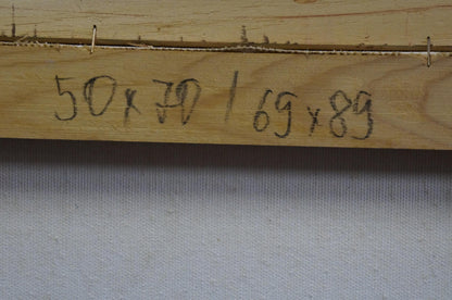 Back of Oil painting Naval battles with light wooden beam and black ink measurements
