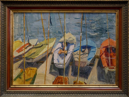 Oil painting of moored boats in harbor by Afanasyev Vladimir Nikolaevich