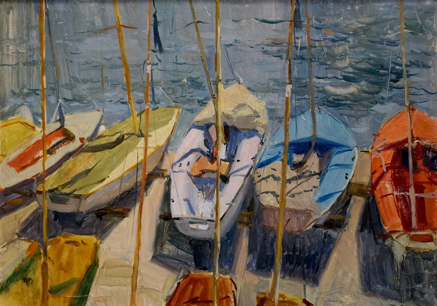 Vibrant oil painting of colorful sailboats at dock by Afanasyev Vladimir Nikolaevich