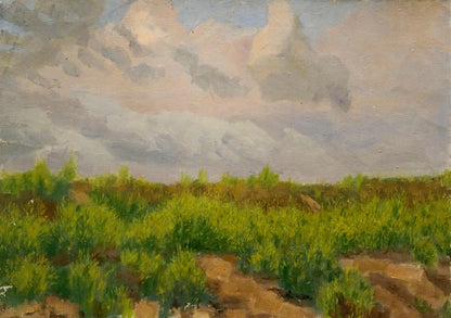 Oil painting After the Rain by Chernikov Nikolay Vladimirovich, green field under cloudy sky