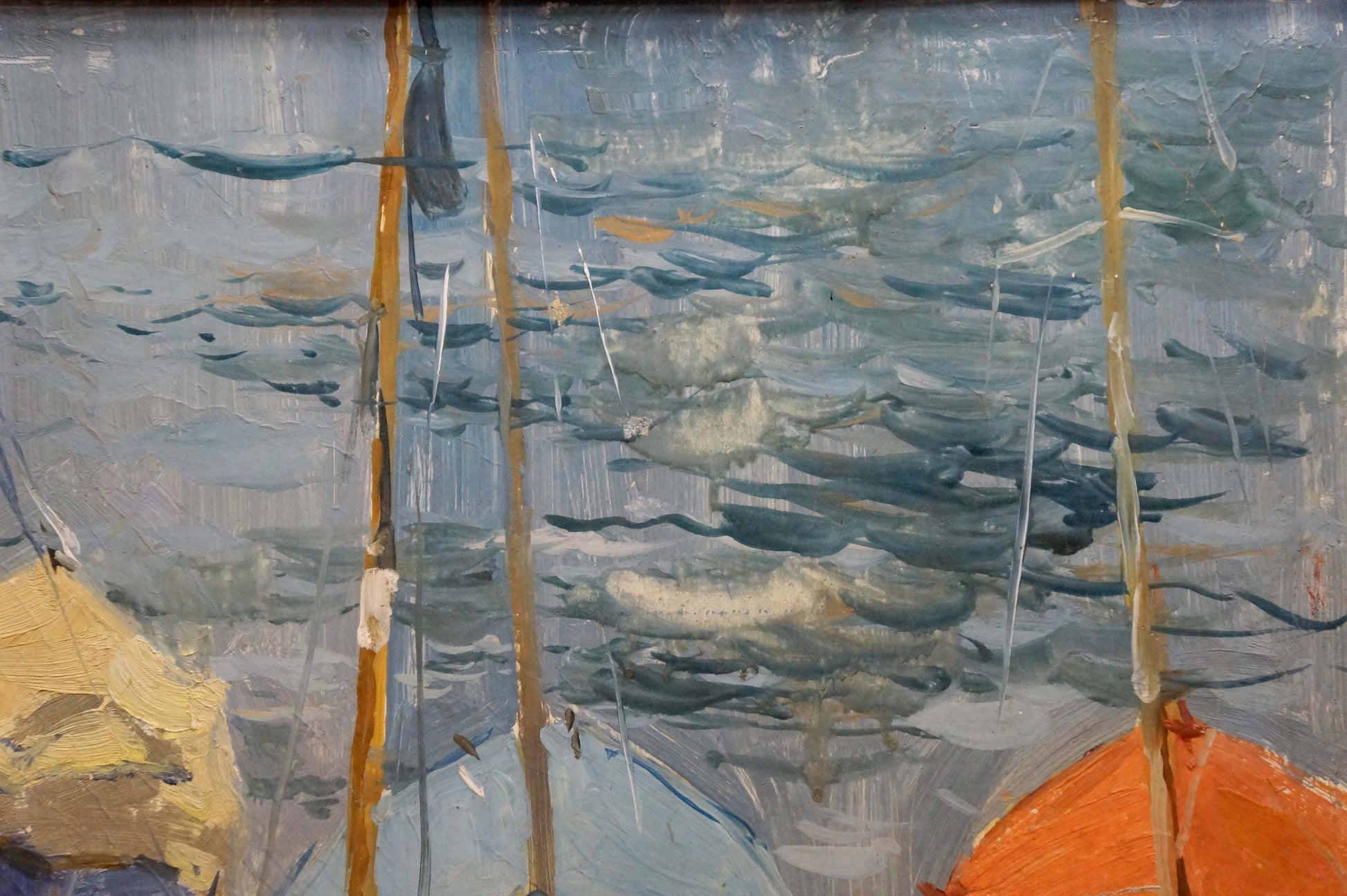 Oil painting Boat in port by Afanasyev Vladimir Nikolaevich, rainy harbor scene