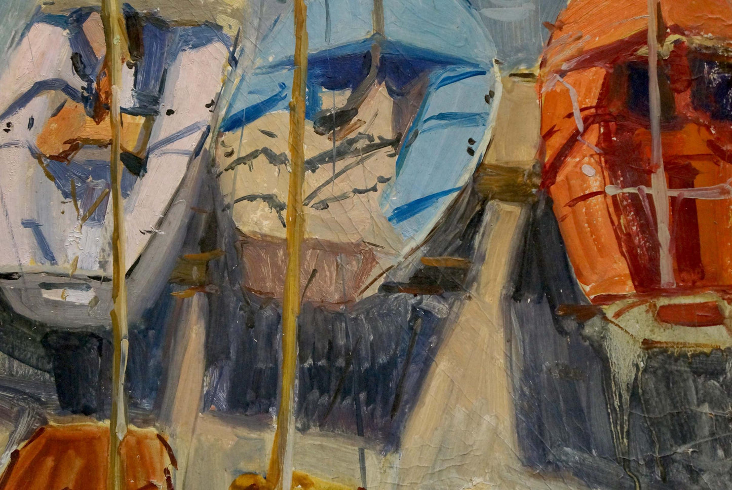 Vibrant Afanasyev oil painting of sailboats in port, bold blues and oranges