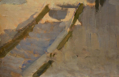 Oil painting of wooden ladder in winter landscape by Chernikov Nikolay Vladimirovich