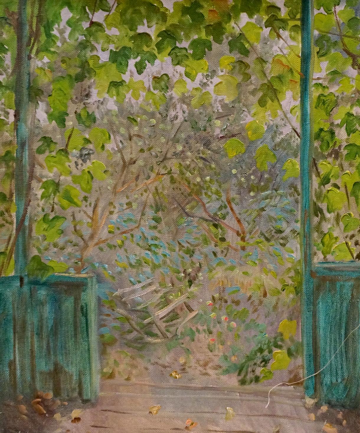 Impressionistic oil painting of lush garden gate overlooking courtyard by Chernikov Nikolay Vladimirovich