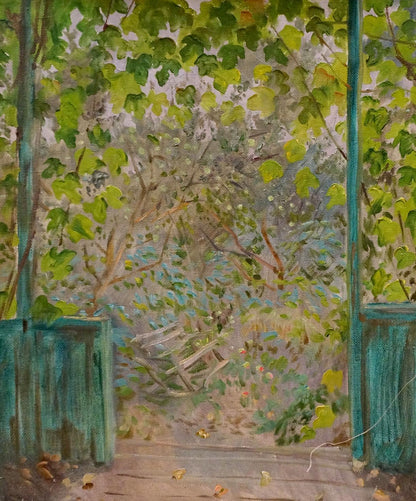 Impressionistic oil painting of lush garden gate overlooking courtyard by Chernikov Nikolay Vladimirovich