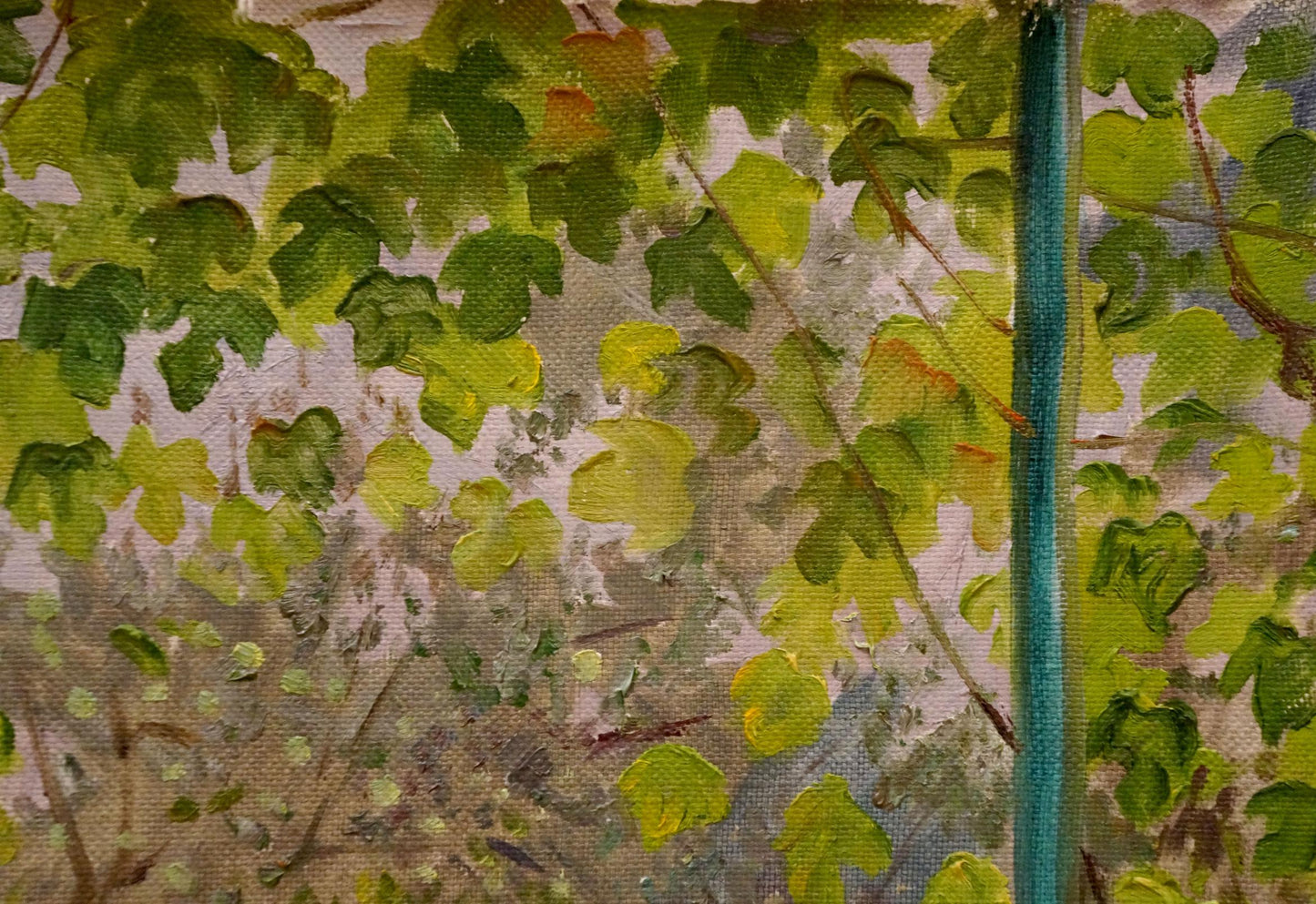 Oil painting Overlooking the courtyard by Chernikov Nikolay Vladimirovich with vibrant green leaves and teal pole