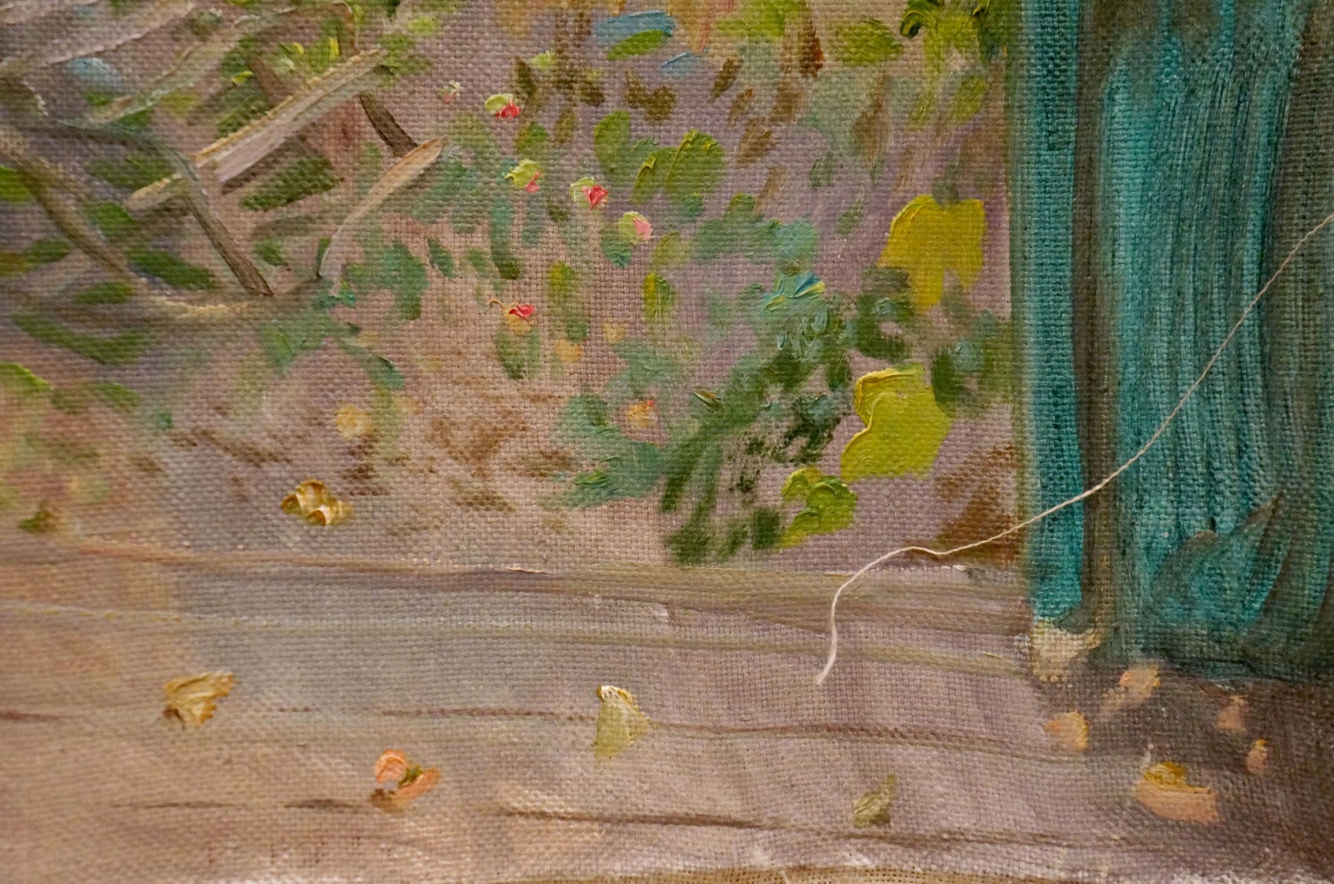 Oil painting Overlooking the courtyard by Chernikov Nikolay Vladimirovich with teal curtain and leaves