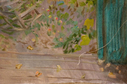 Oil painting Overlooking the courtyard by Chernikov Nikolay Vladimirovich with teal curtain and leaves