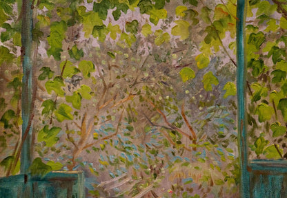 Oil painting Overlooking the courtyard by Chernikov Nikolay Vladimirovich, lush green garden through teal window panes