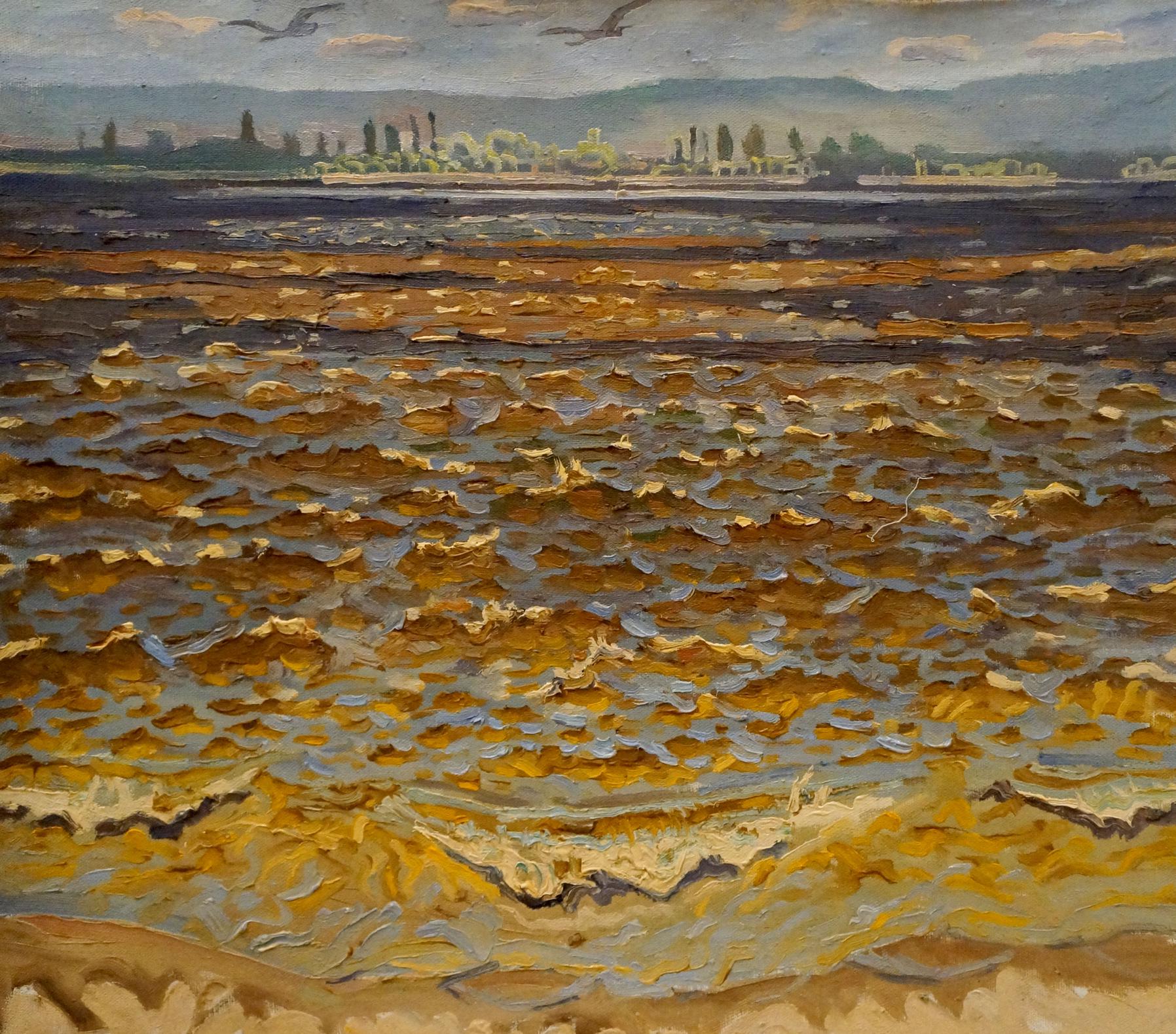 Textured oil painting of golden-brown sea evening landscape by Nikolay Chernikov