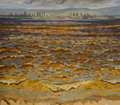 Textured oil painting of golden-brown sea evening landscape by Nikolay Chernikov