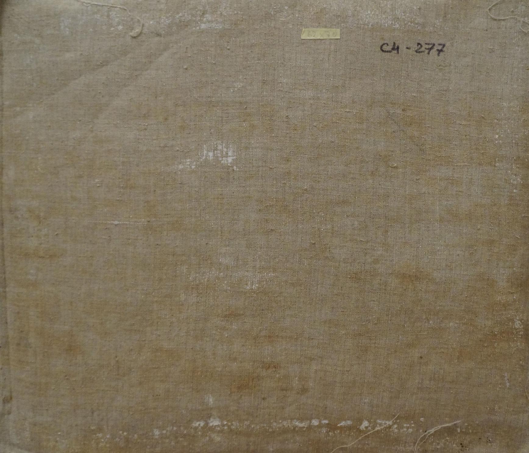 Back of textured beige linen canvas with wear, Nikolay Chernikov sea evening oil painting