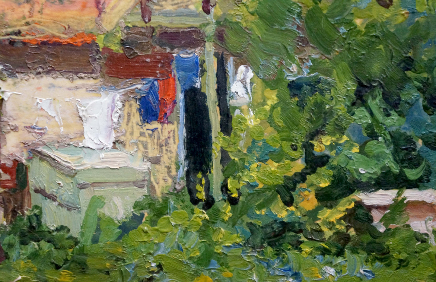 Oil painting of vibrant green foliage framing colorful cottage walls in Zaporozhye by Korostelev Vladimir Alexandrovich