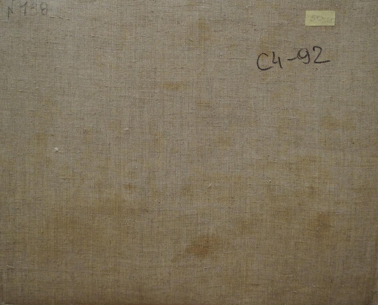 Back of oil painting Forest landscape by Chernikov Nikolay Vladimirovich on beige linen canvas with handwritten markings and yellow label