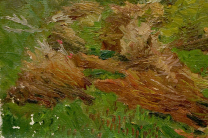 Oil painting of hay bales in green field by Chernikov Nikolay Vladimirovich