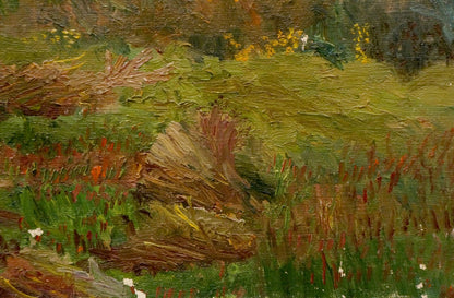 Oil painting of hay bale in green field with wildflowers by Chernikov Nikolay Vladimirovich