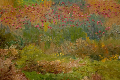 Oil painting of pink flowers field and stream near forest by Chernikov Nikolay Vladimirovich