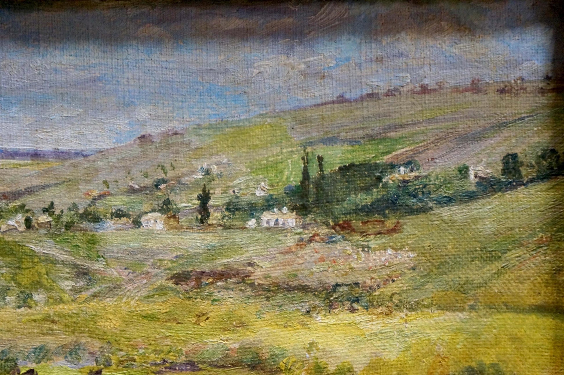 Oil painting Summer landscape of rolling green hills with white houses