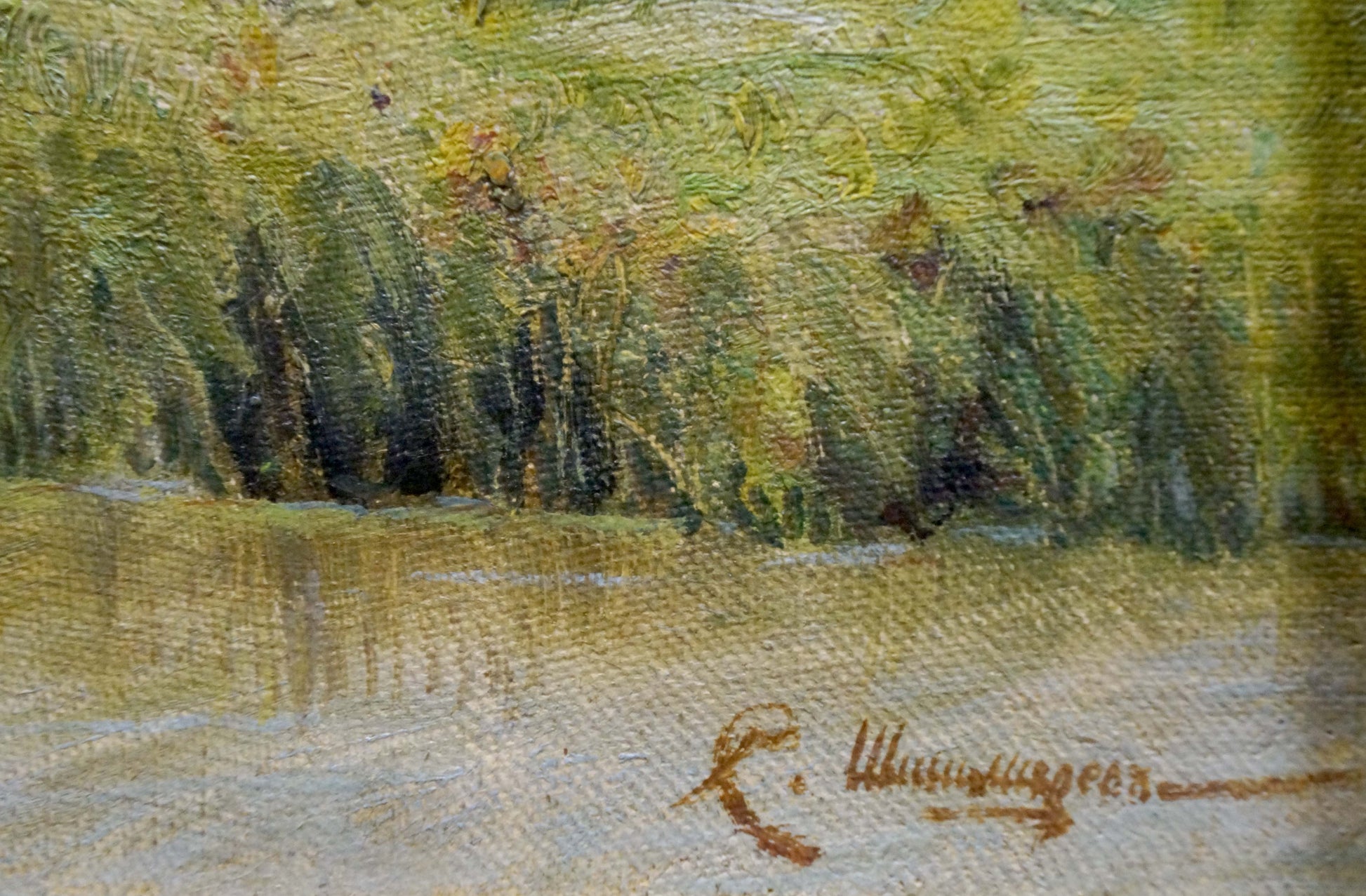 Oil painting Summer landscape textured canvas green yellow foliage signature