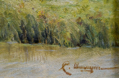 Oil painting Summer landscape textured canvas green yellow foliage signature