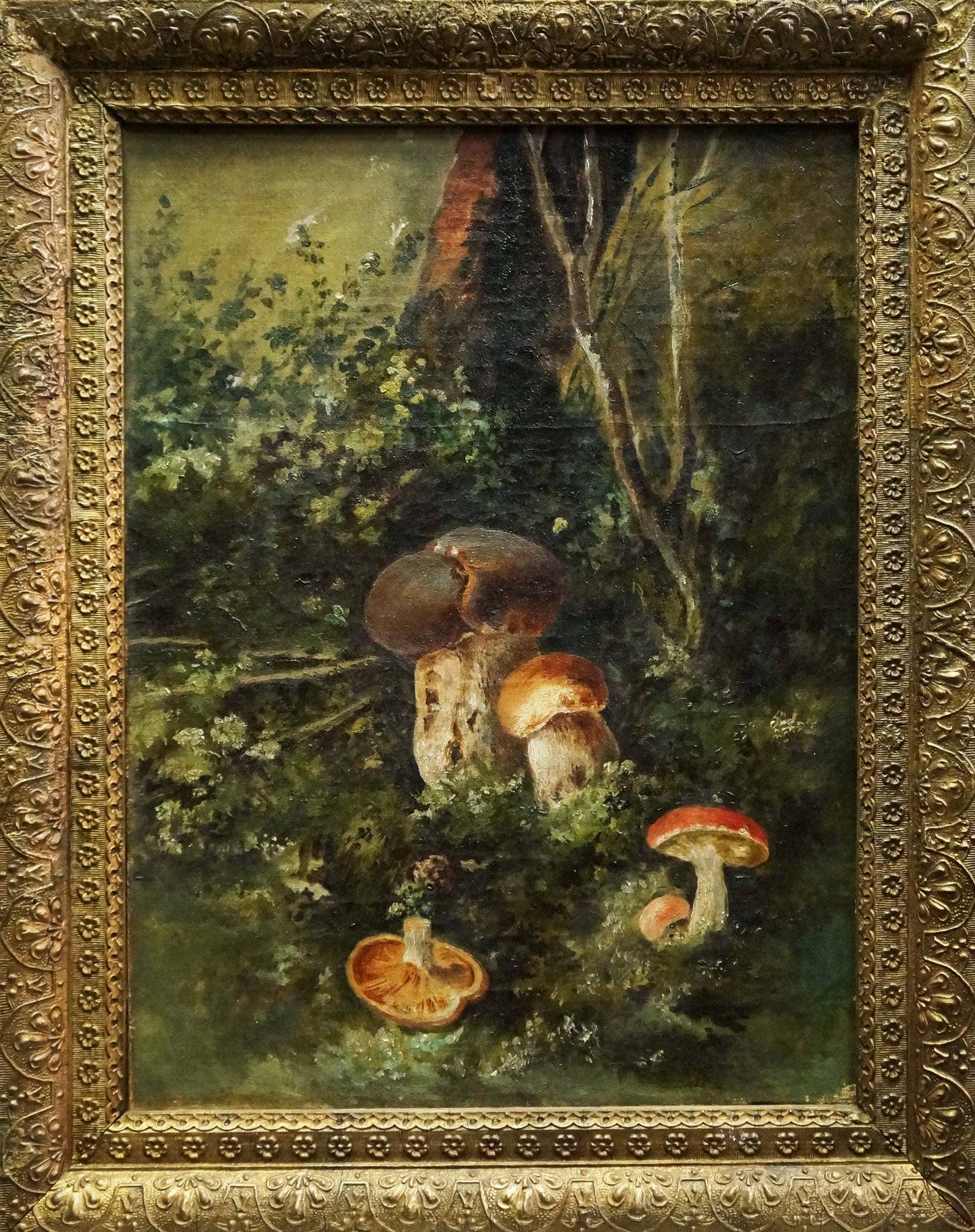 Ornate gold-framed oil painting of mushrooms in forest glade