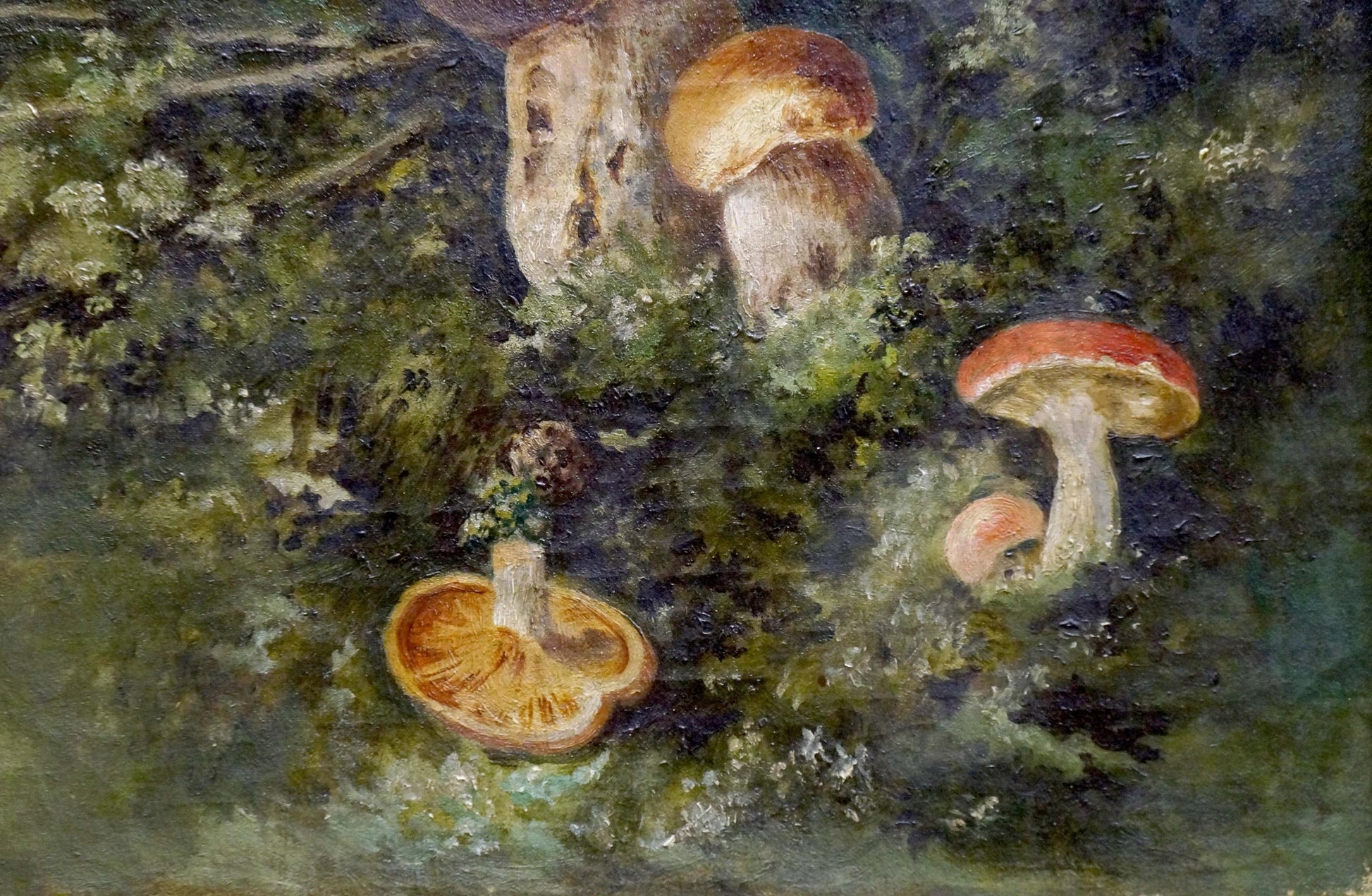 Oil painting of mushroom glade with earthy mushrooms on mossy ground