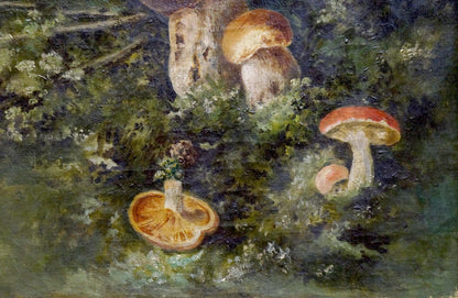 Oil painting of mushroom glade with earthy mushrooms on mossy ground