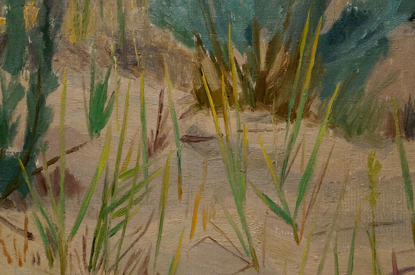 A textured oil painting depicts tall, slender blades of grass in vibrant green and yellow hues growing from sandy ground.