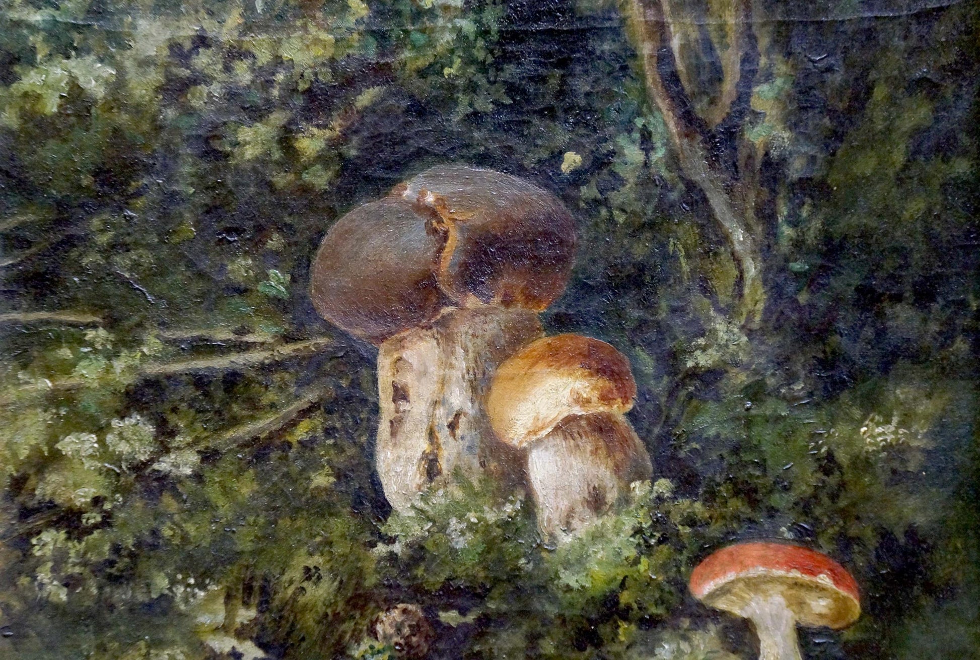 Rustic oil painting of mushrooms in mossy glade, earthy textured forest floor