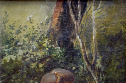 Rustic oil painting of mushroom glade in textured forest with muted greens