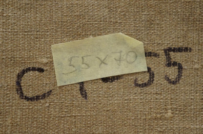 Back of Nikolay Vladimirovich Chernikov oil painting with beige textured fabric, yellow sticky note and black ink markings