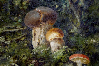 Oil painting of mushroom glade with earthy-toned caps on mossy forest floor
