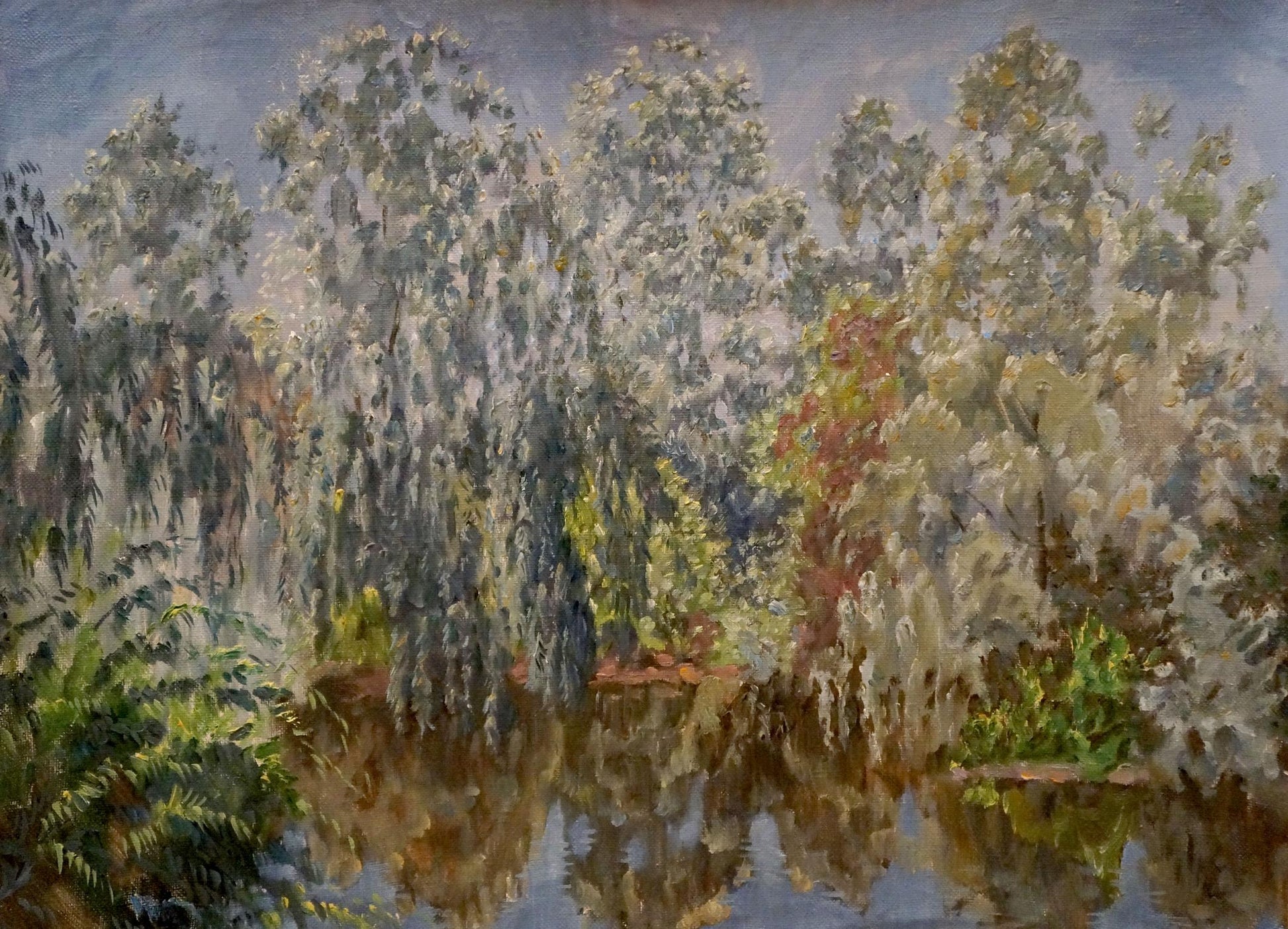 Serene oil painting of lake in forest by Chernikov Nikolay Vladimirovich
