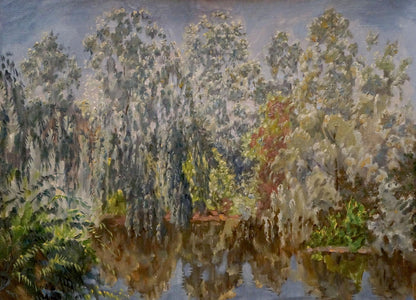 Serene oil painting of lake in forest by Chernikov Nikolay Vladimirovich