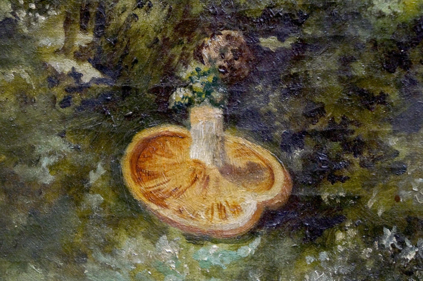 Oil painting of textured orange-capped mushroom in glade