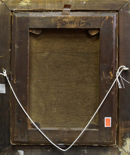 Back of worn dark wooden frame with white string for Oil painting Mushroom glade