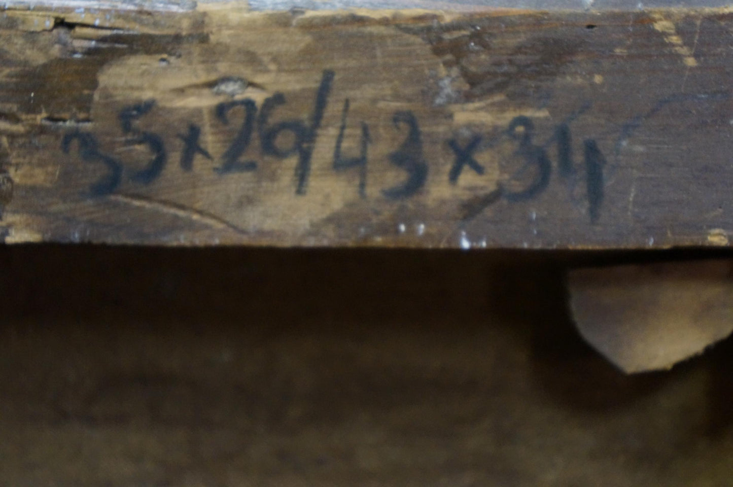 Back of Oil painting Mushroom glade: weathered wooden beam with faded black handwritten measurements