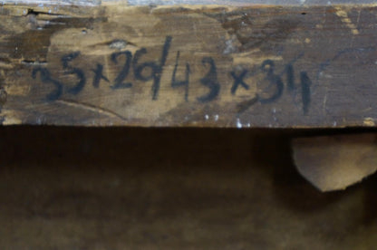 Back of Oil painting Mushroom glade: weathered wooden beam with faded black handwritten measurements