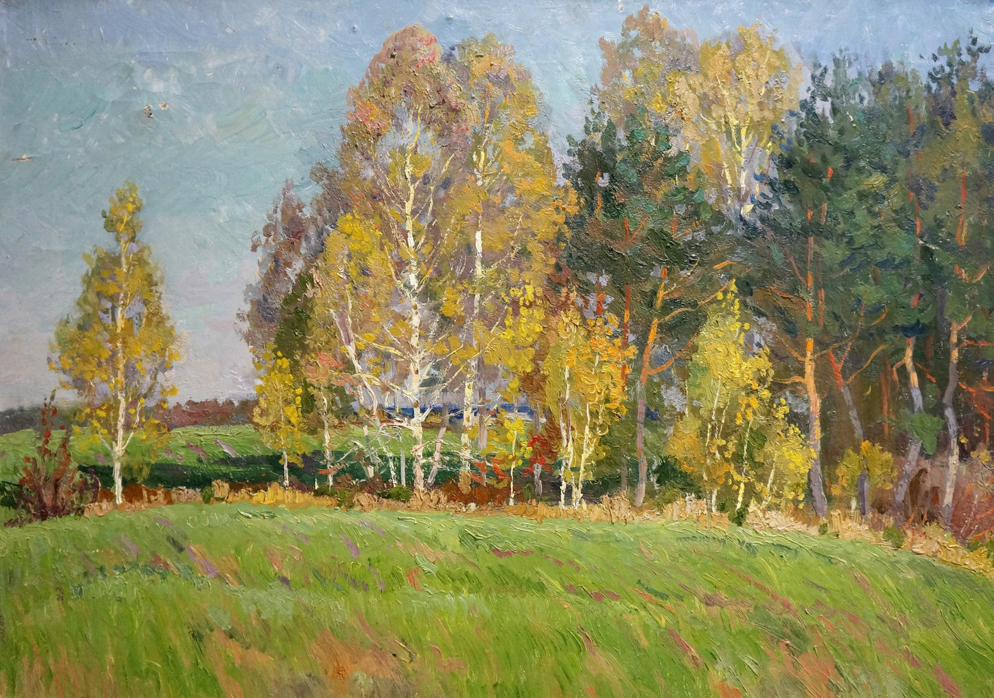 Impressionistic oil painting by Anatoly Fomin of autumnal birch forest