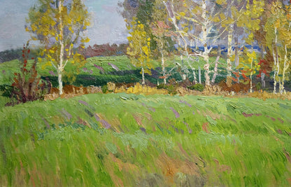 Vibrant oil painting by Anatoly Fomin: sunlit field with yellow birch trees
