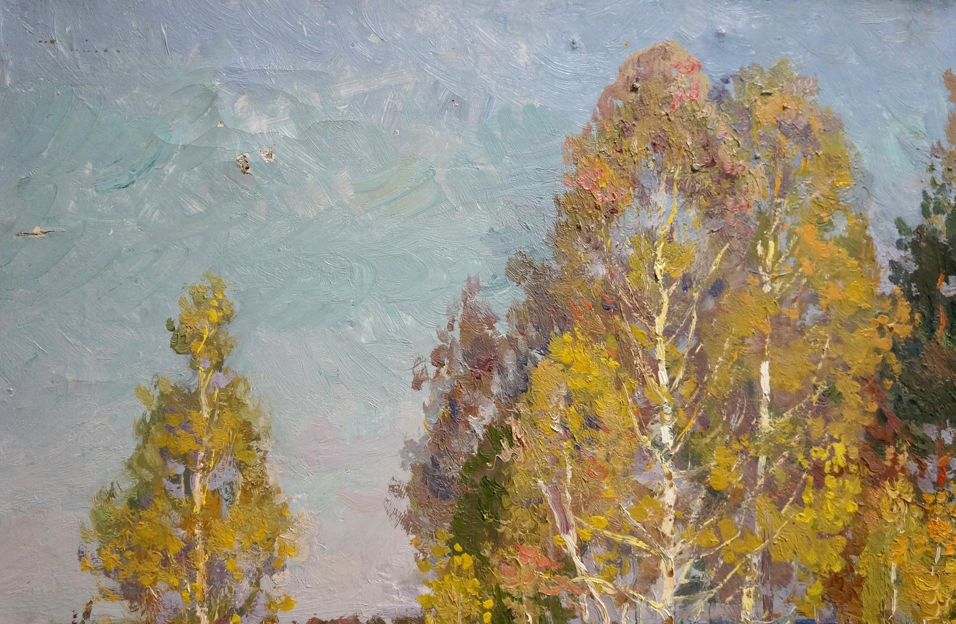 Oil painting landscape of yellow autumn trees by Anatoly Fomin