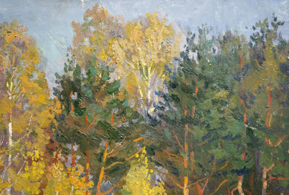 Oil painting of yellow autumn trees landscape by Anatoly Fomin