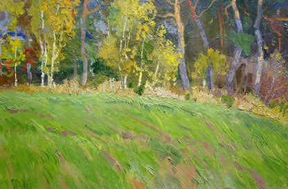 Vibrant oil painting by Anatoly Fomin of sunlit birch forest with yellow trees