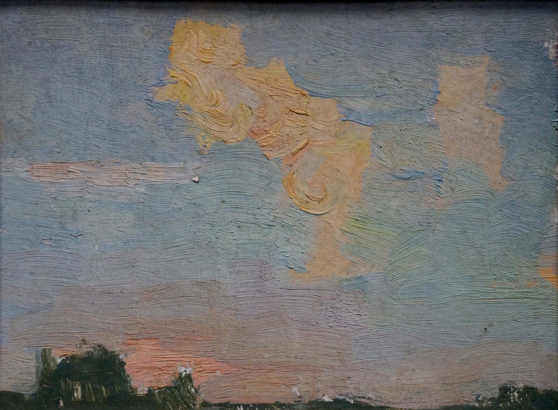 Textured impasto oil painting of Evening landscape by Karp Trohimenko, blue-yellow sky