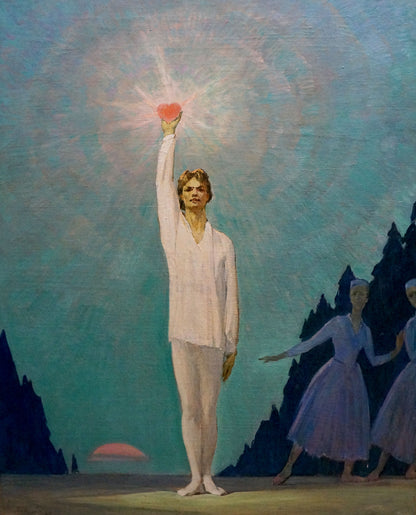 Oil painting by Likholet Alexey Kirillovich: male ballet dancer holding glowing red heart